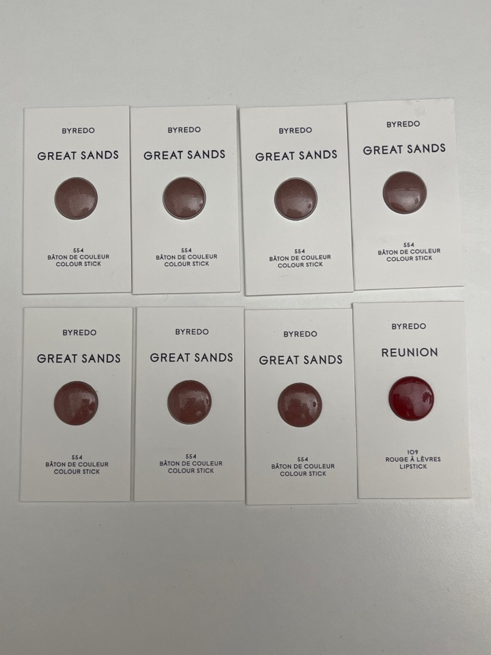 NEW BYREDO Lot of 8 Great Sands 554 Colour Stick Reunion 109 Lipstick Samples